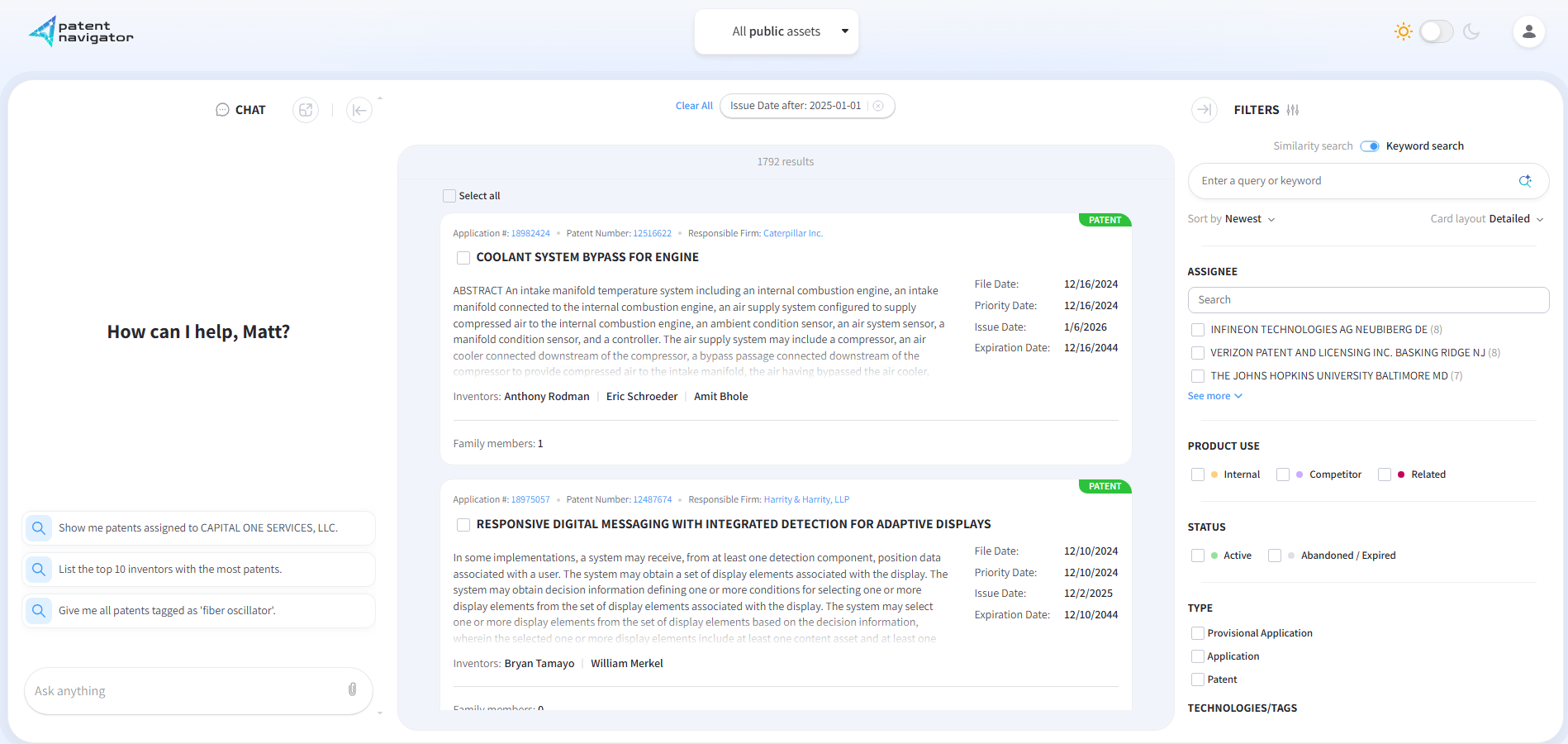 Patent Navigator integration view with search and analytics features